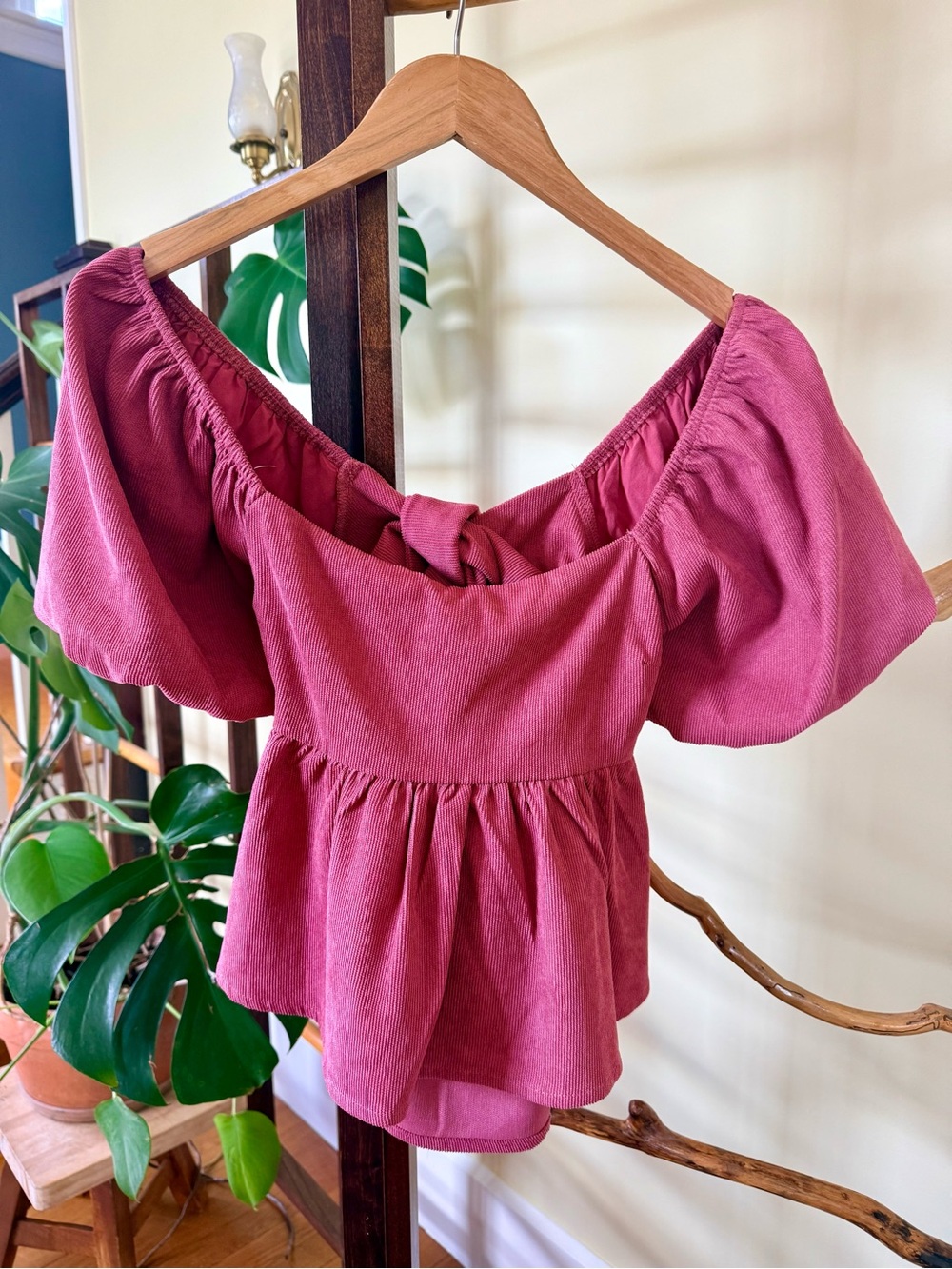 Audrey Parks x Francesca’s Off-Shoulder Peplum Top in Dusty Rose Corduroy